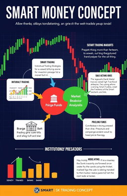 An illustrated guide to the Smart Money Concept as taught by SK Trading Academy, featuring key elements such as institutional trading strategies, market behavior analysis, and price action patterns
