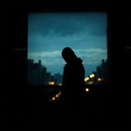 A mysterious and atmospheric scene featuring a shadowy silhouette reflected in a glass window