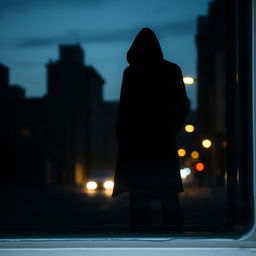 A mysterious and atmospheric scene featuring a shadowy silhouette reflected in a glass window