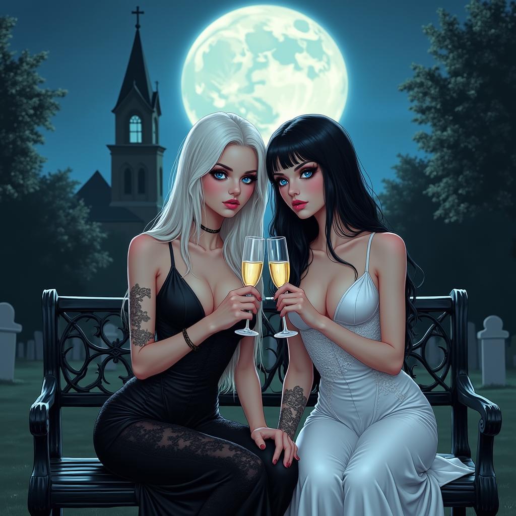 A realistic pinup-style illustration featuring two stunning 18-year-old girls in a cemetery at midnight