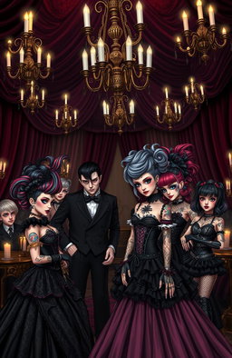 A scene inspired by Hazbin Hotel with a distinctive goth and punk aesthetic, featuring characters dressed in elaborate Victorian fashion