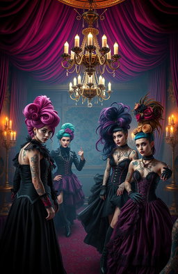 A scene inspired by Hazbin Hotel with a distinctive goth and punk aesthetic, featuring characters dressed in elaborate Victorian fashion