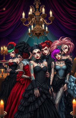 A scene inspired by Hazbin Hotel with a distinctive goth and punk aesthetic, featuring characters dressed in elaborate Victorian fashion