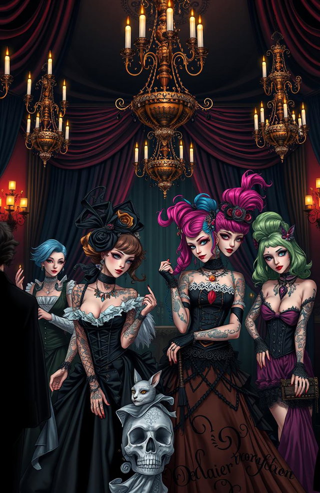 A scene inspired by Hazbin Hotel with a distinctive goth and punk aesthetic, featuring characters dressed in elaborate Victorian fashion