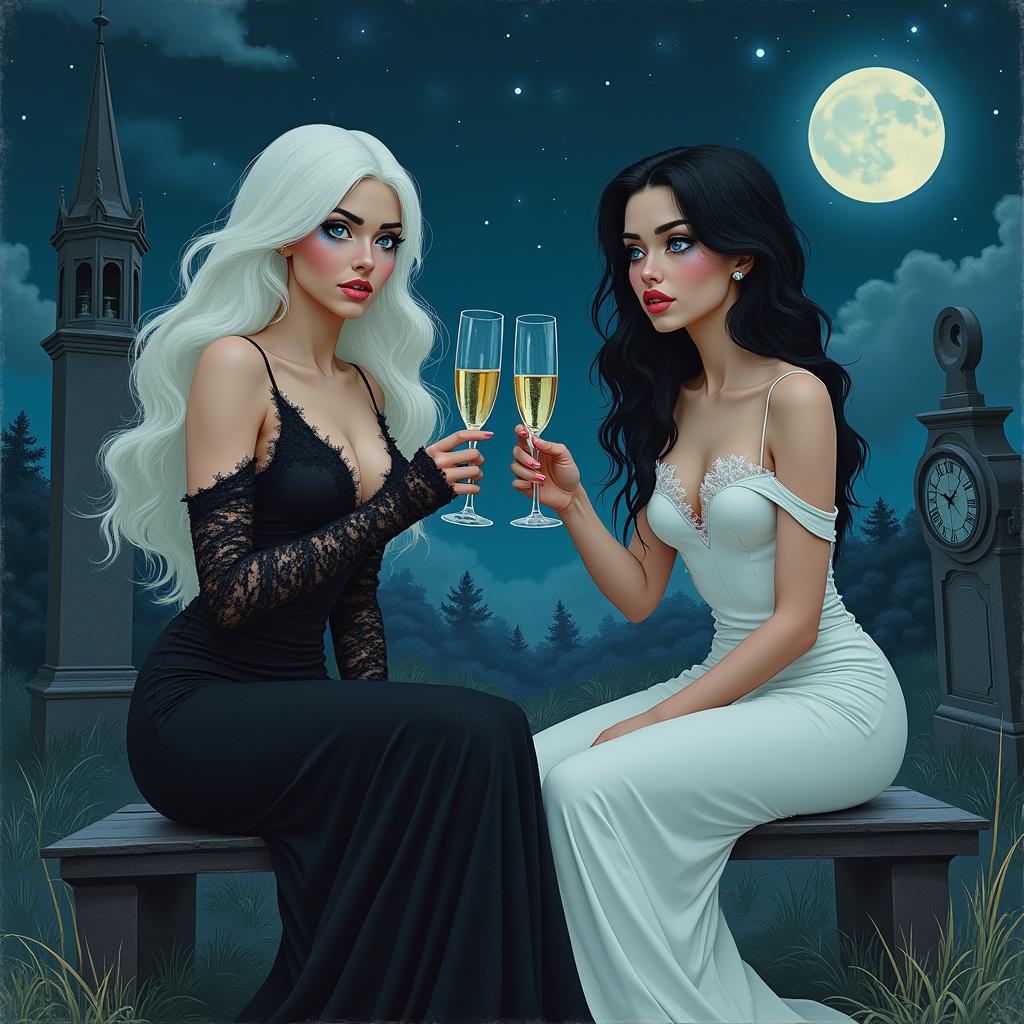 A surrealistic Salvador Dali-inspired illustration featuring two stunning 18-year-old girls in a dreamy cemetery at midnight