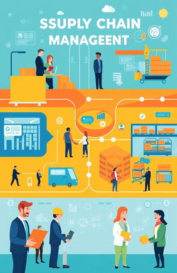 A vibrant and engaging visual representation of supply chain management and customer relationships, showcasing various aspects such as logistics, product flow, and customer interaction
