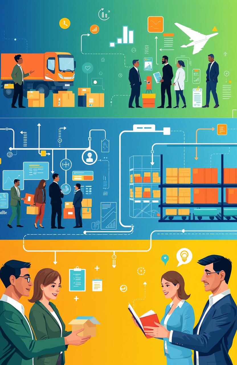 A vibrant and engaging visual representation of supply chain management and customer relationships, showcasing various aspects such as logistics, product flow, and customer interaction