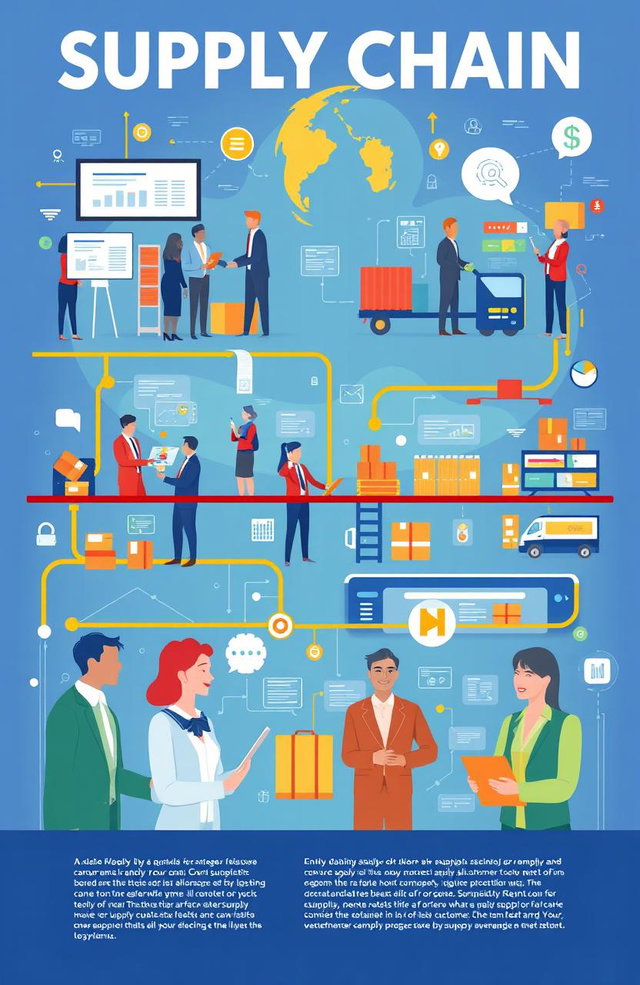 A vibrant and engaging visual representation of supply chain management and customer relationships, showcasing various aspects such as logistics, product flow, and customer interaction