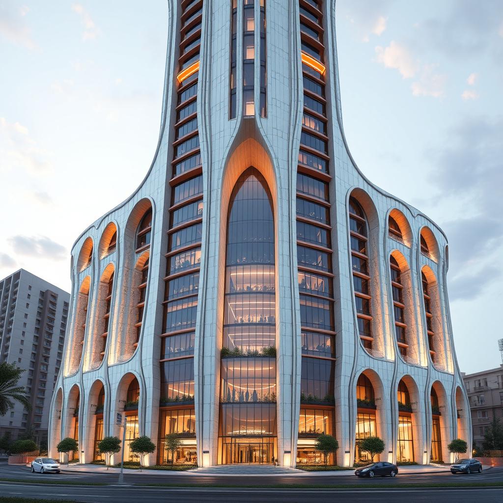 A futuristic residential tower, 20 stories tall with a dynamic and luxurious form