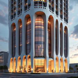 A futuristic residential tower, 20 stories tall with a dynamic and luxurious form