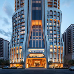 A futuristic residential tower, 20 stories tall with a dynamic and luxurious form