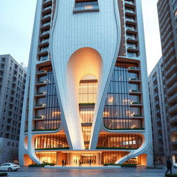 A futuristic residential tower, 20 stories tall with a dynamic and luxurious form