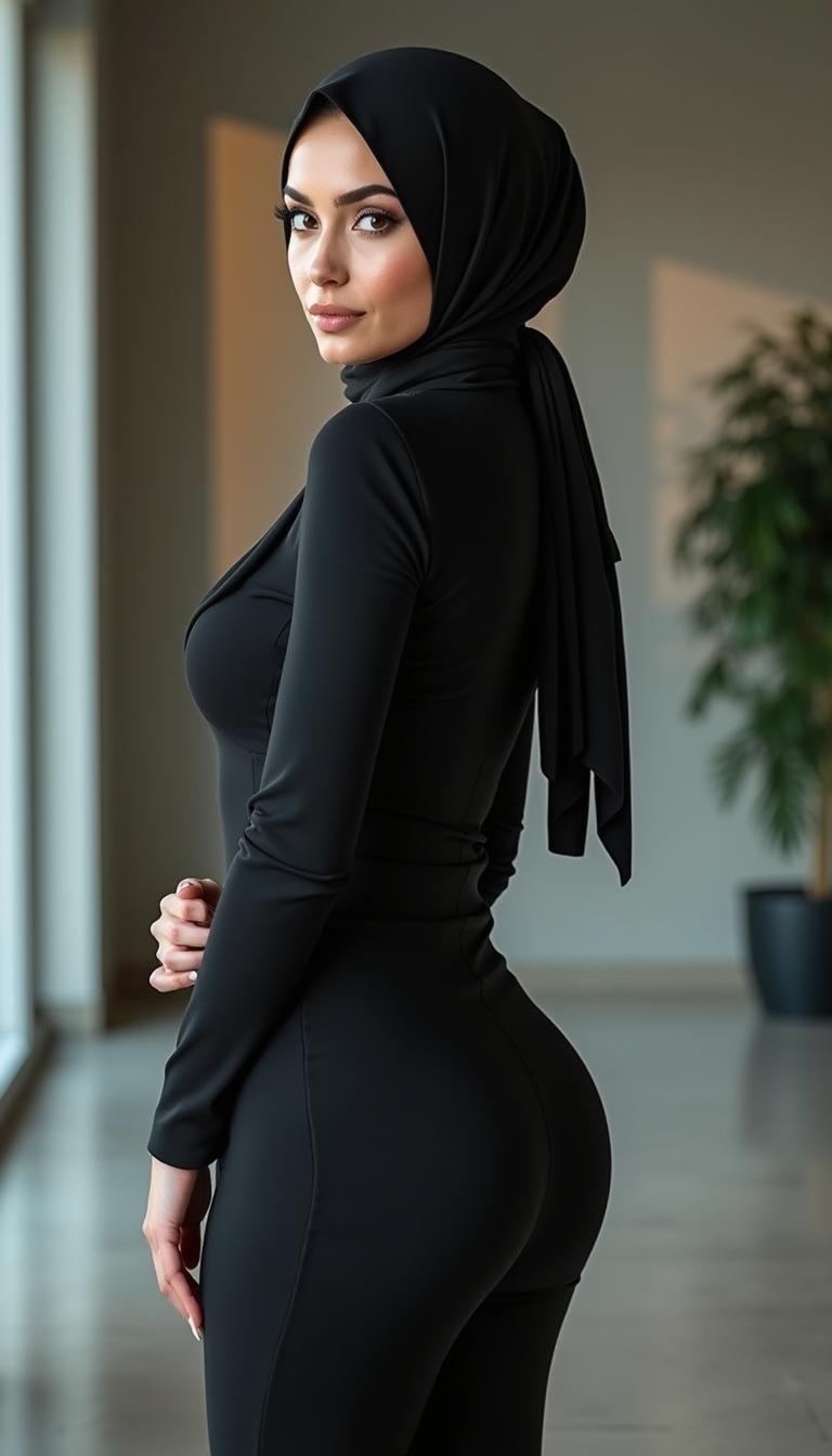 A striking image of a 46-year-old Slavic secretary, showcasing her exquisite figure in a tight dress that highlights her curves