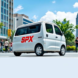 A white Daihatsu mini blind van featuring a prominent SPX logo on its side