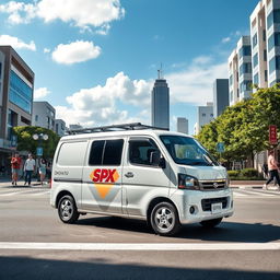 A white Daihatsu mini blind van featuring a prominent SPX logo on its side