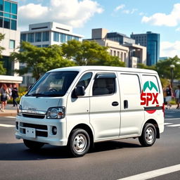 A white Daihatsu mini blind van featuring a prominent SPX logo on its side