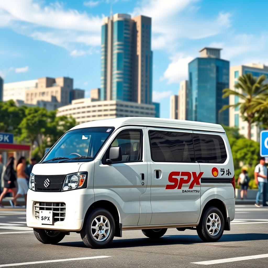 A white Daihatsu mini blind van featuring a prominent SPX logo on its side