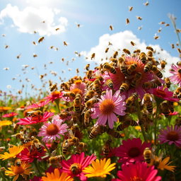 A vibrant and bustling scene filled with 20,000 bees swarming around a colorful wildflower meadow