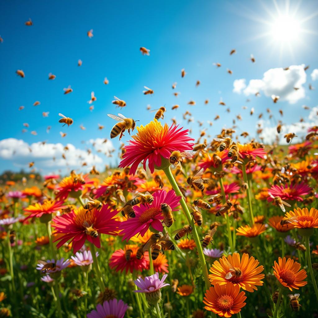 A vibrant and bustling scene filled with 20,000 bees swarming around a colorful wildflower meadow
