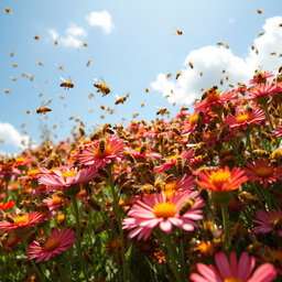 A vibrant and bustling scene filled with 20,000 bees swarming around a colorful wildflower meadow