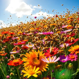 A vibrant and bustling scene filled with 20,000 bees swarming around a colorful wildflower meadow
