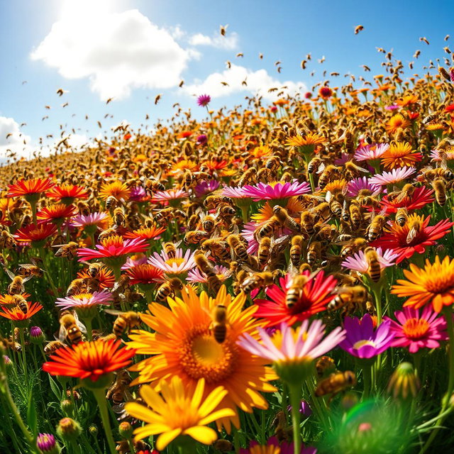 A vibrant and bustling scene filled with 20,000 bees swarming around a colorful wildflower meadow