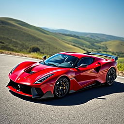 A stunning hybrid sports car that combines the classic elegance of a Ferrari 250 GTO with the aggressive, modern styling of a Lamborghini Aventador SVJ