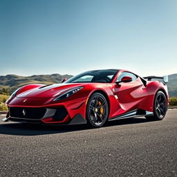 A stunning hybrid sports car that combines the classic elegance of a Ferrari 250 GTO with the aggressive, modern styling of a Lamborghini Aventador SVJ