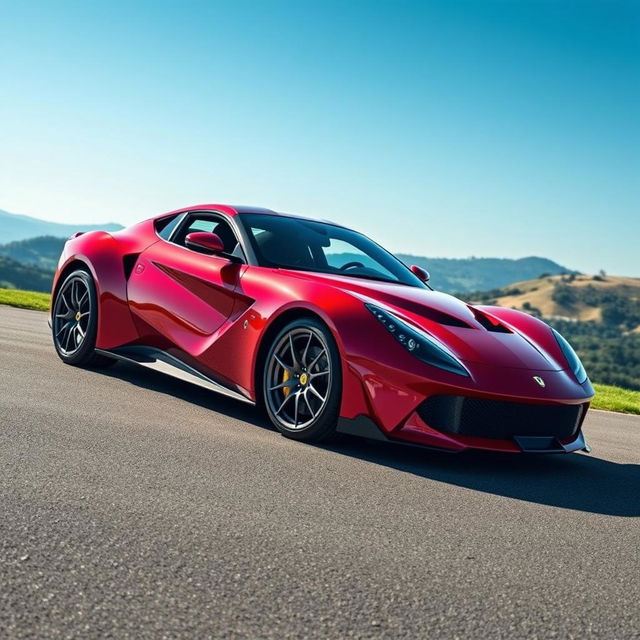 A stunning hybrid sports car that combines the classic elegance of a Ferrari 250 GTO with the aggressive, modern styling of a Lamborghini Aventador SVJ