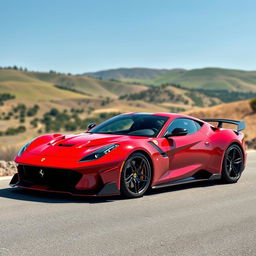 A stunning hybrid sports car that combines the classic elegance of a Ferrari 250 GTO with the aggressive, modern styling of a Lamborghini Aventador SVJ