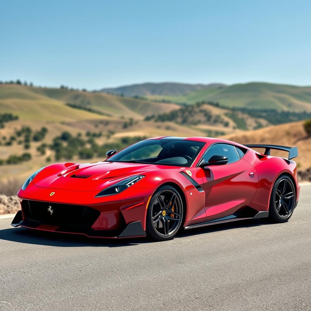 A stunning hybrid sports car that combines the classic elegance of a Ferrari 250 GTO with the aggressive, modern styling of a Lamborghini Aventador SVJ