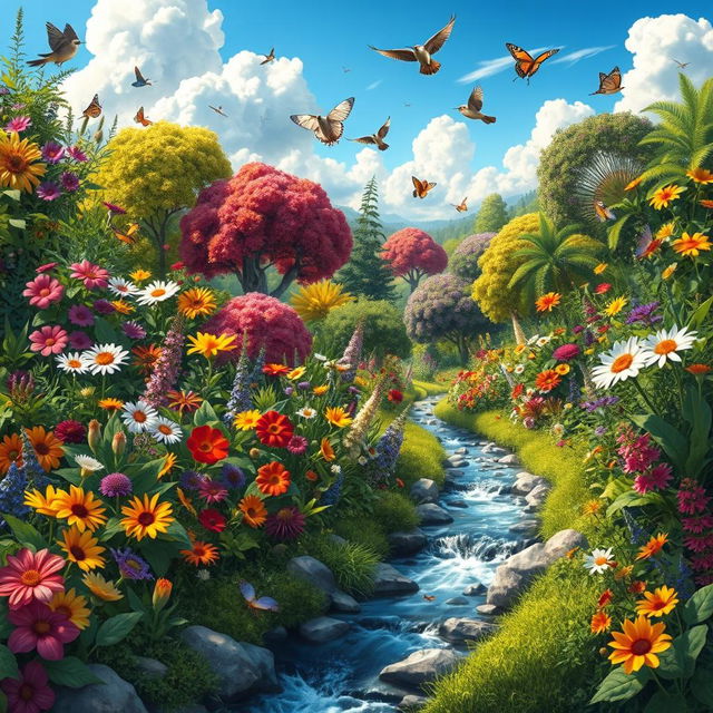 A vibrant and lush environment filled with diverse and colorful flora and fauna