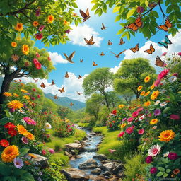 A vibrant and lush environment filled with diverse and colorful flora and fauna