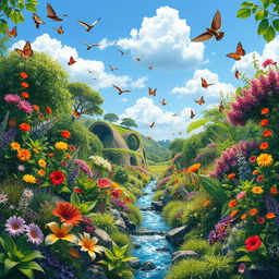 A vibrant and lush environment filled with diverse and colorful flora and fauna