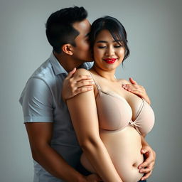 A 39-year-old Indonesian man with pure white skin is tenderly hugging a beautiful 28-year-old woman with a sturdy, sexy body from behind, passionately kissing her cheek