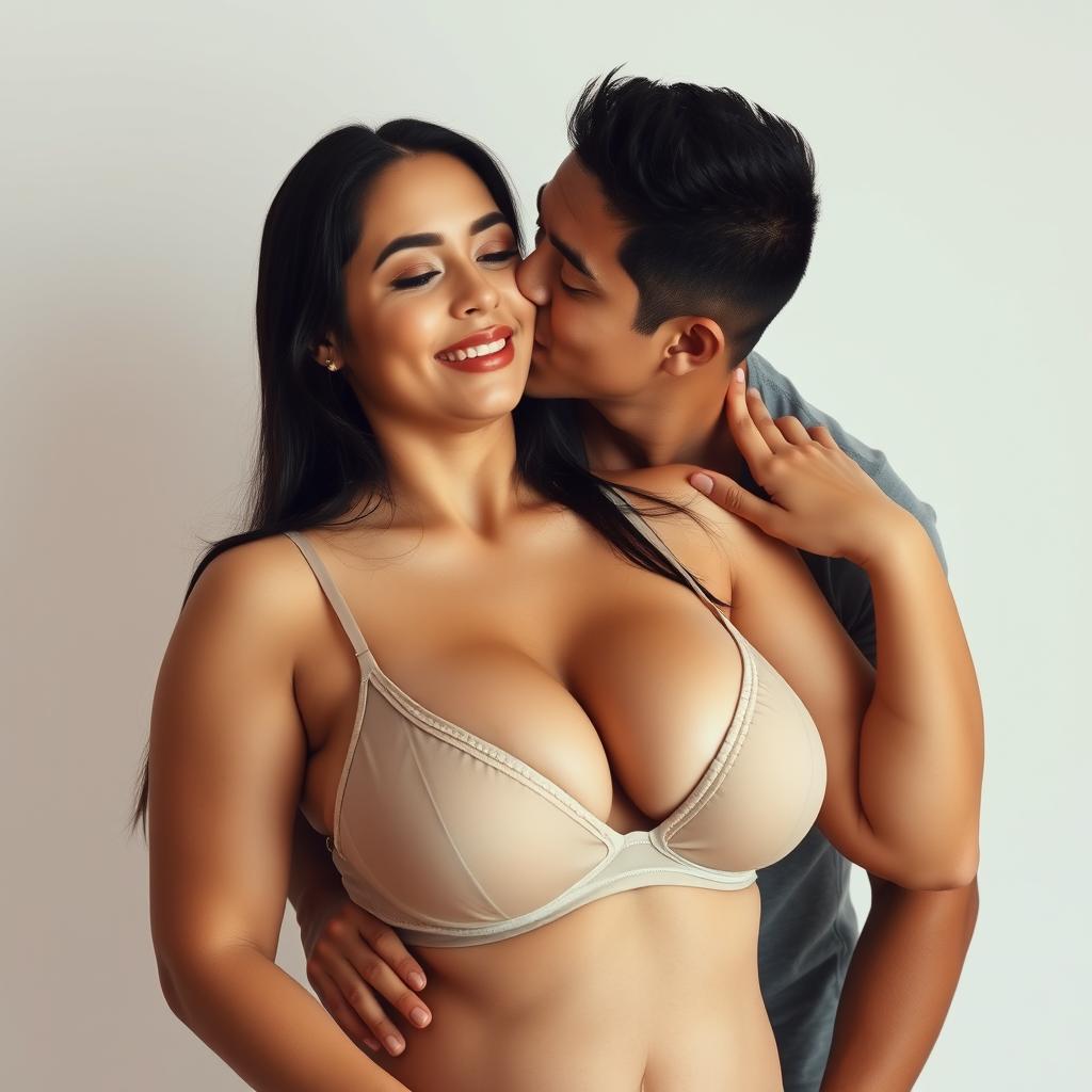 A 39-year-old Indonesian man with pure white skin is tenderly hugging a beautiful 28-year-old woman with a sturdy, sexy body from behind, passionately kissing her cheek