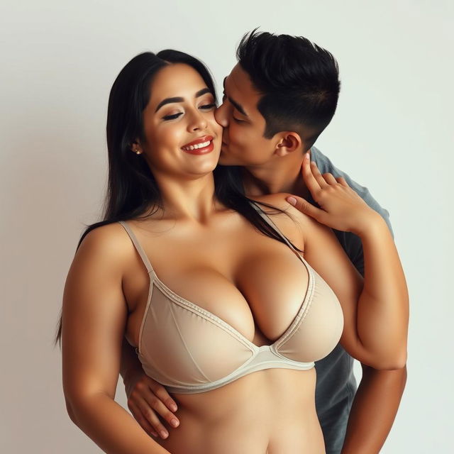 A 39-year-old Indonesian man with pure white skin is tenderly hugging a beautiful 28-year-old woman with a sturdy, sexy body from behind, passionately kissing her cheek
