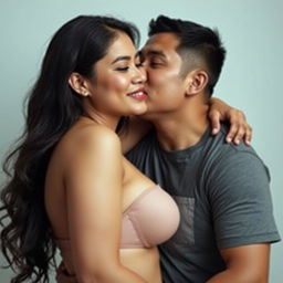 A 39-year-old Indonesian man with pure white skin is affectionately embracing a beautiful 28-year-old woman with a sturdy and sexy body from behind, tenderly kissing her cheek