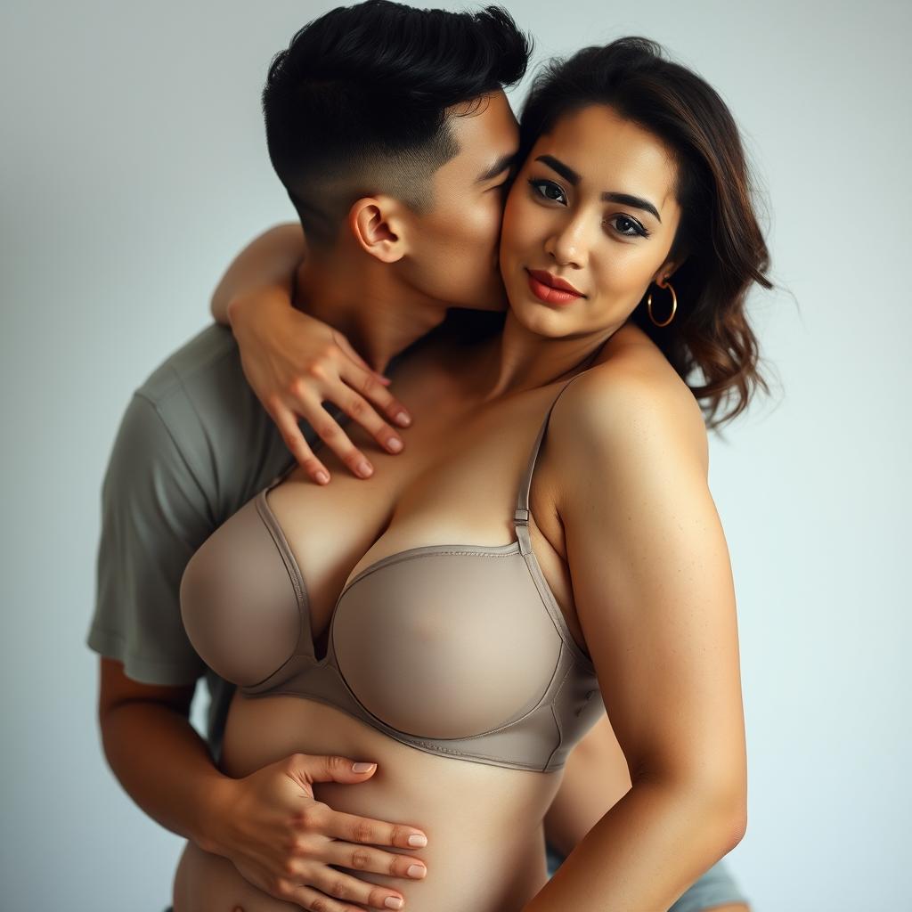 A 39-year-old Indonesian man with pure white skin is affectionately embracing a beautiful 28-year-old woman with a sturdy and sexy body from behind, tenderly kissing her cheek