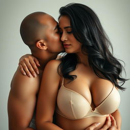 A 39-year-old Indonesian man with pure white skin is affectionately embracing a beautiful 28-year-old woman with a sturdy and sexy body from behind, tenderly kissing her cheek