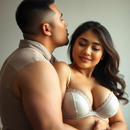 A 39-year-old Indonesian man with pure white skin is affectionately embracing a beautiful 28-year-old woman with a sturdy and sexy body from behind, tenderly kissing her cheek