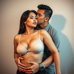 A 39-year-old Indonesian man with pure white skin is affectionately hugging a stunning 28-year-old woman who has a sturdy and sexy body from behind, kissing her cheek tenderly