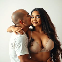 A 39-year-old Indonesian man with pure white skin is affectionately hugging a stunning 28-year-old woman who has a sturdy and sexy body from behind, kissing her cheek tenderly
