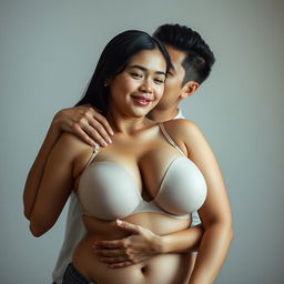 A 39-year-old Indonesian man with pure white skin is affectionately hugging a beautiful 28-year-old woman with a sturdy and sexy body from behind, kissing her cheek tenderly
