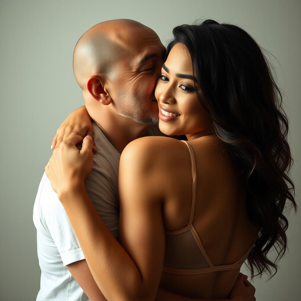 A 39-year-old Indonesian man with pure white skin is affectionately hugging a beautiful 28-year-old woman with a sturdy and sexy body from behind, kissing her cheek tenderly