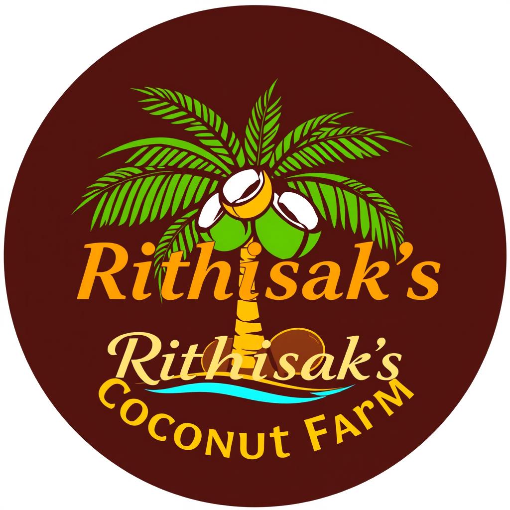 A modern and eye-catching logo design for 'Rithisak's Coconut Farm', featuring a stylized coconut tree with lush green palm fronds and ripe coconuts