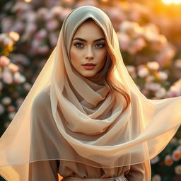 A beautiful woman wearing a flowing hijab made of sheer, transparent fabric, elegantly draping over her head and shoulders