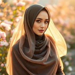 A beautiful woman wearing a flowing hijab made of sheer, transparent fabric, elegantly draping over her head and shoulders