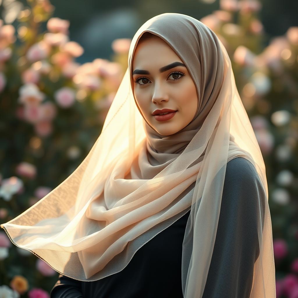 A beautiful woman wearing a flowing hijab made of sheer, transparent fabric, elegantly draping over her head and shoulders