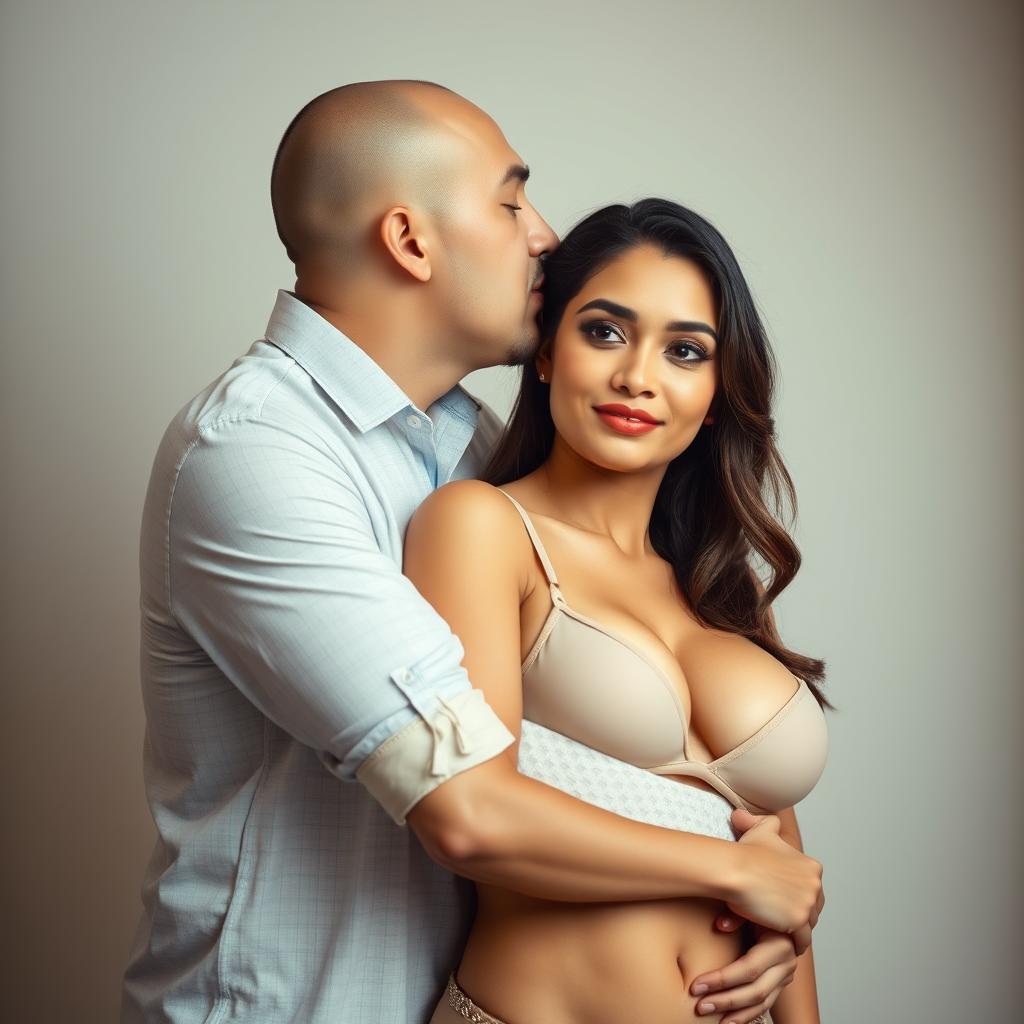 A 39-year-old Indonesian man with pure white skin is tenderly hugging a gorgeous 28-year-old woman with a sturdy and sexy body from behind, affectionately kissing her cheek